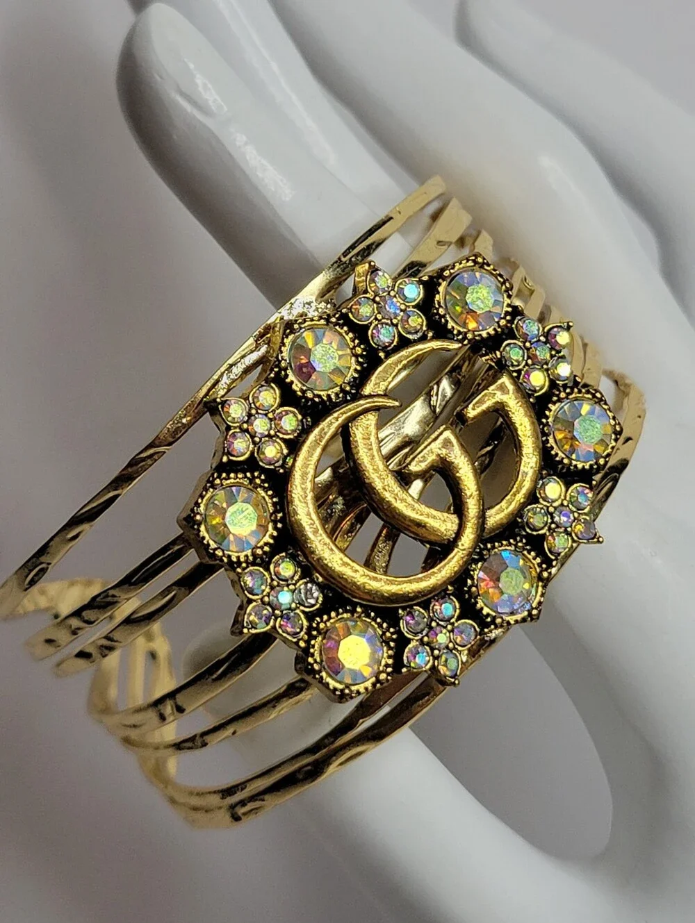 Gold Aurora Borealis Crystal GG LOGO Statement Bracelet